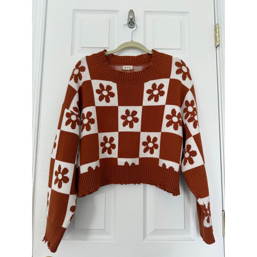 Pol Woman's Daisy Flower Rust Brown Cropped Sweater Large‎ Checkered Raw Hem